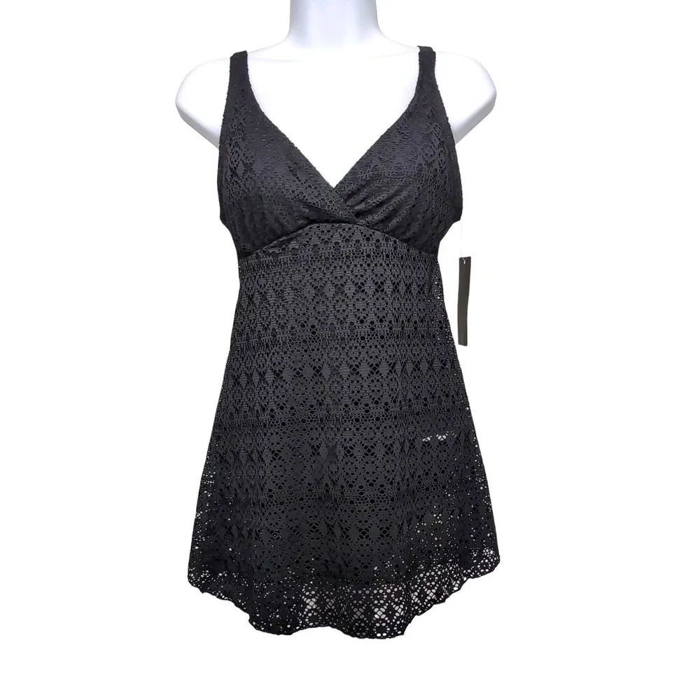 ALISHA LEVINE Swim Dress Womens Size 12 Black Crochet Swimsuit Swimwear NEW NWT - Picture 2 of 11